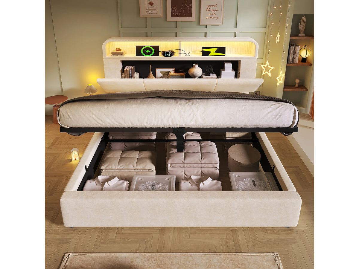 Lit Coffre 140x190 Velours Beige avec LED et Port USB — vue 8