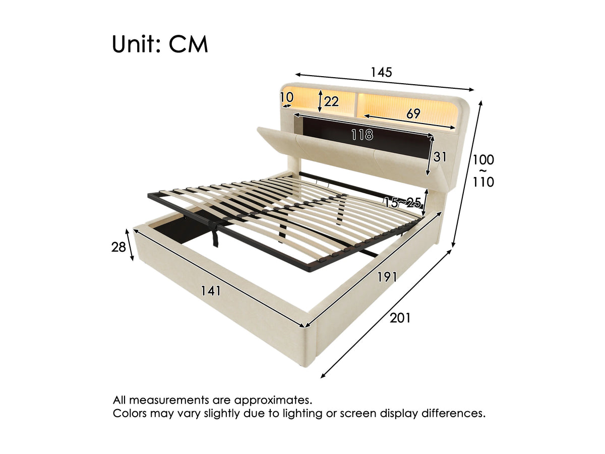 Lit Coffre 140x190 Velours Beige avec LED et Port USB — vue 4