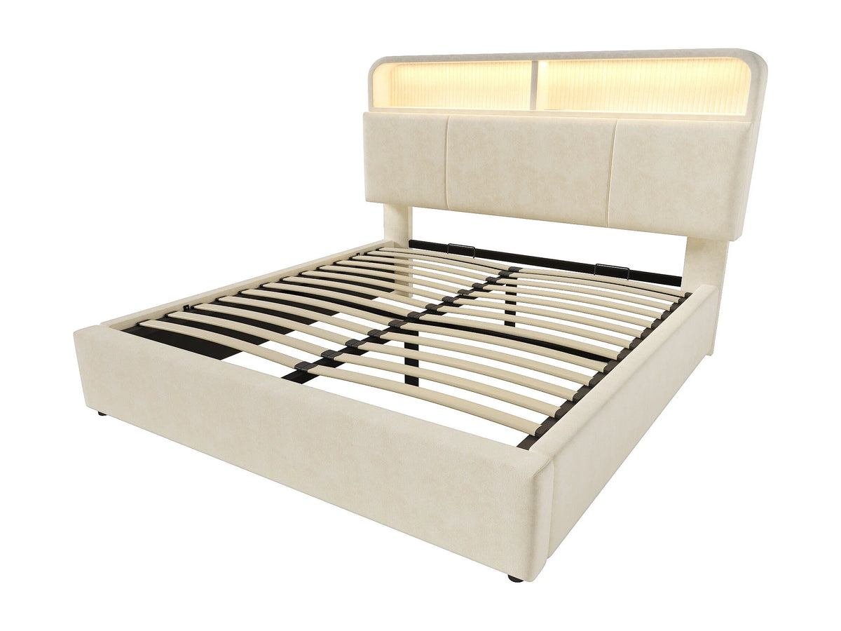 Lit Coffre 140x190 Velours Beige avec LED et Port USB — vue 3