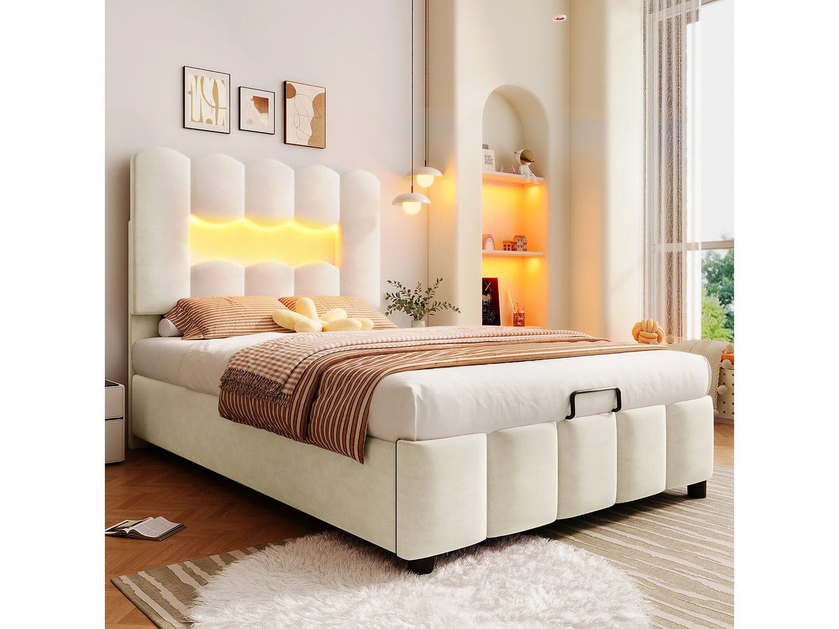 Lit Coffre 90x200 Velours Beige Capitonné avec LED — vue 2