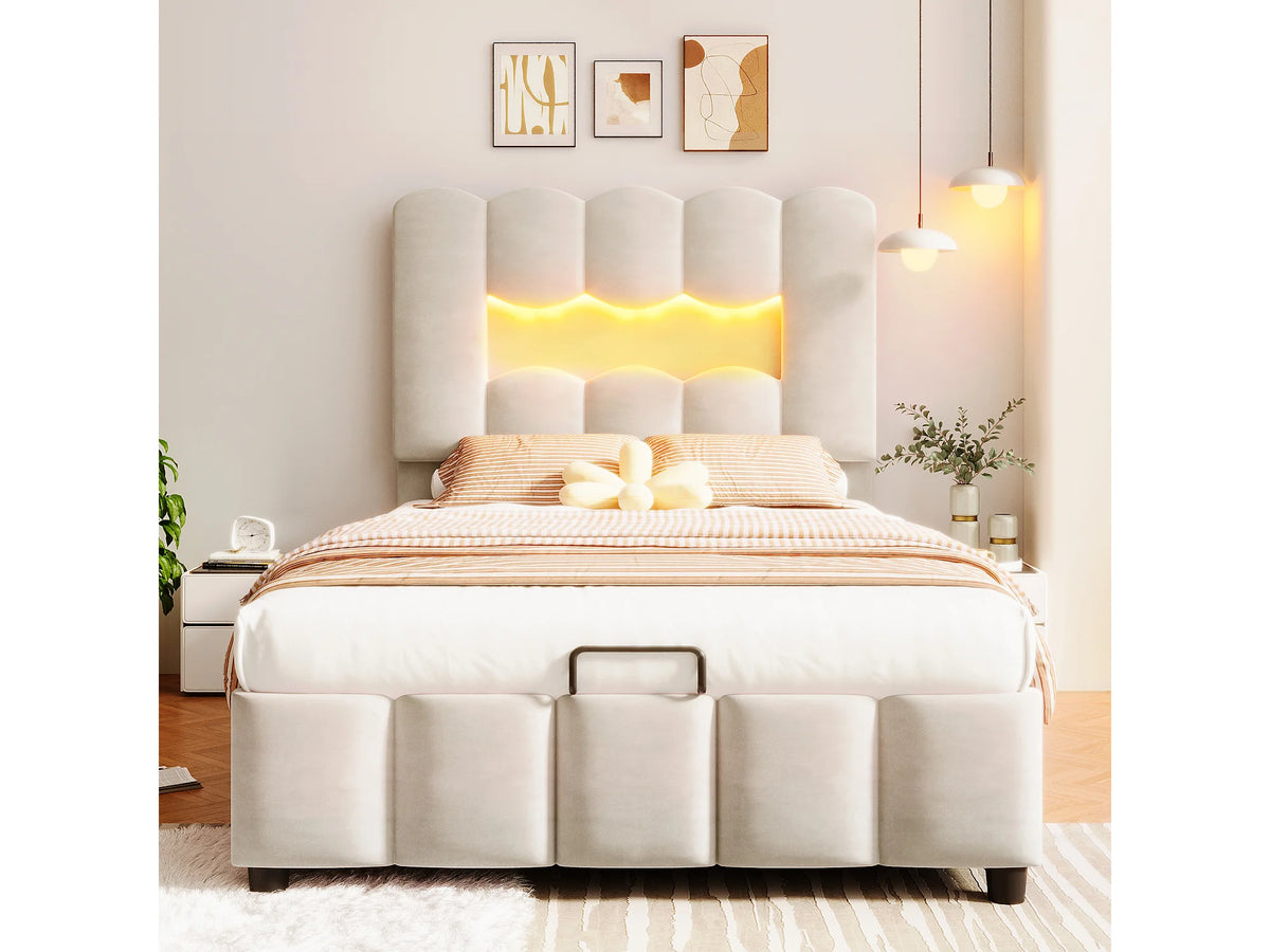 Lit Coffre 90x200 Velours Beige Capitonné avec LED — vue 9