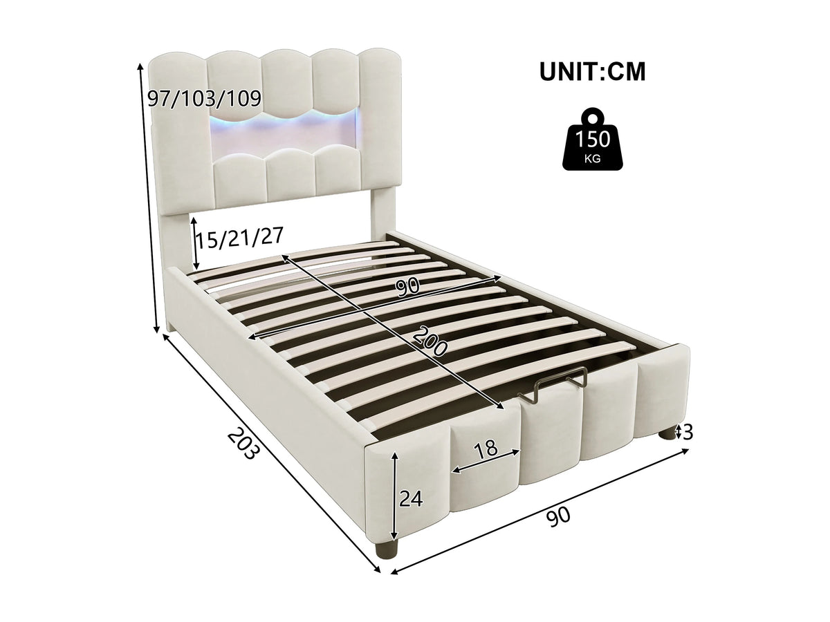 Lit Coffre 90x200 Velours Beige Capitonné avec LED — vue 7