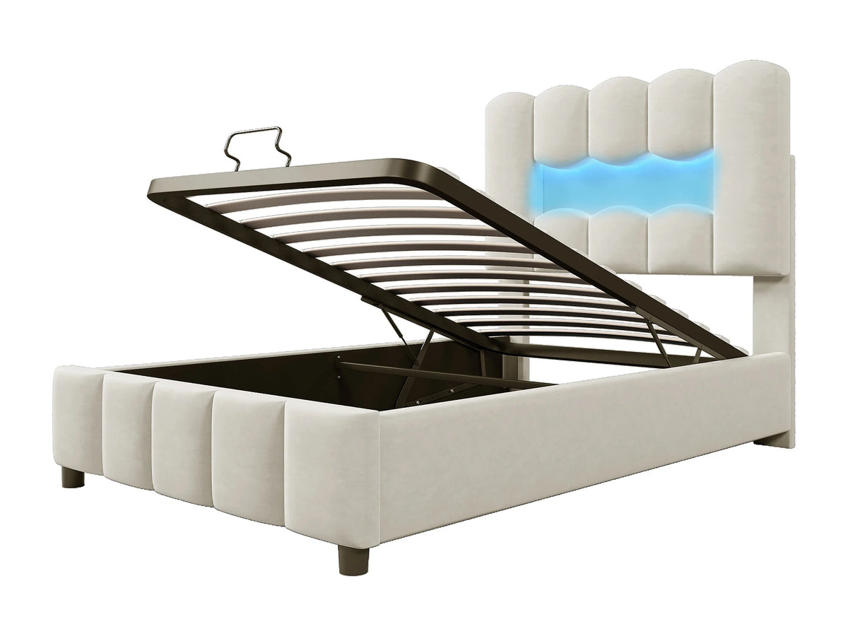 Lit Coffre 90x200 Velours Beige Capitonné avec LED — vue 5