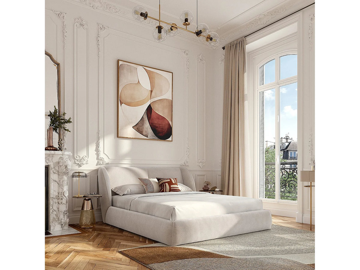 Lit Coffre 180x200 Tissu Bouclette Beige avec Matelas