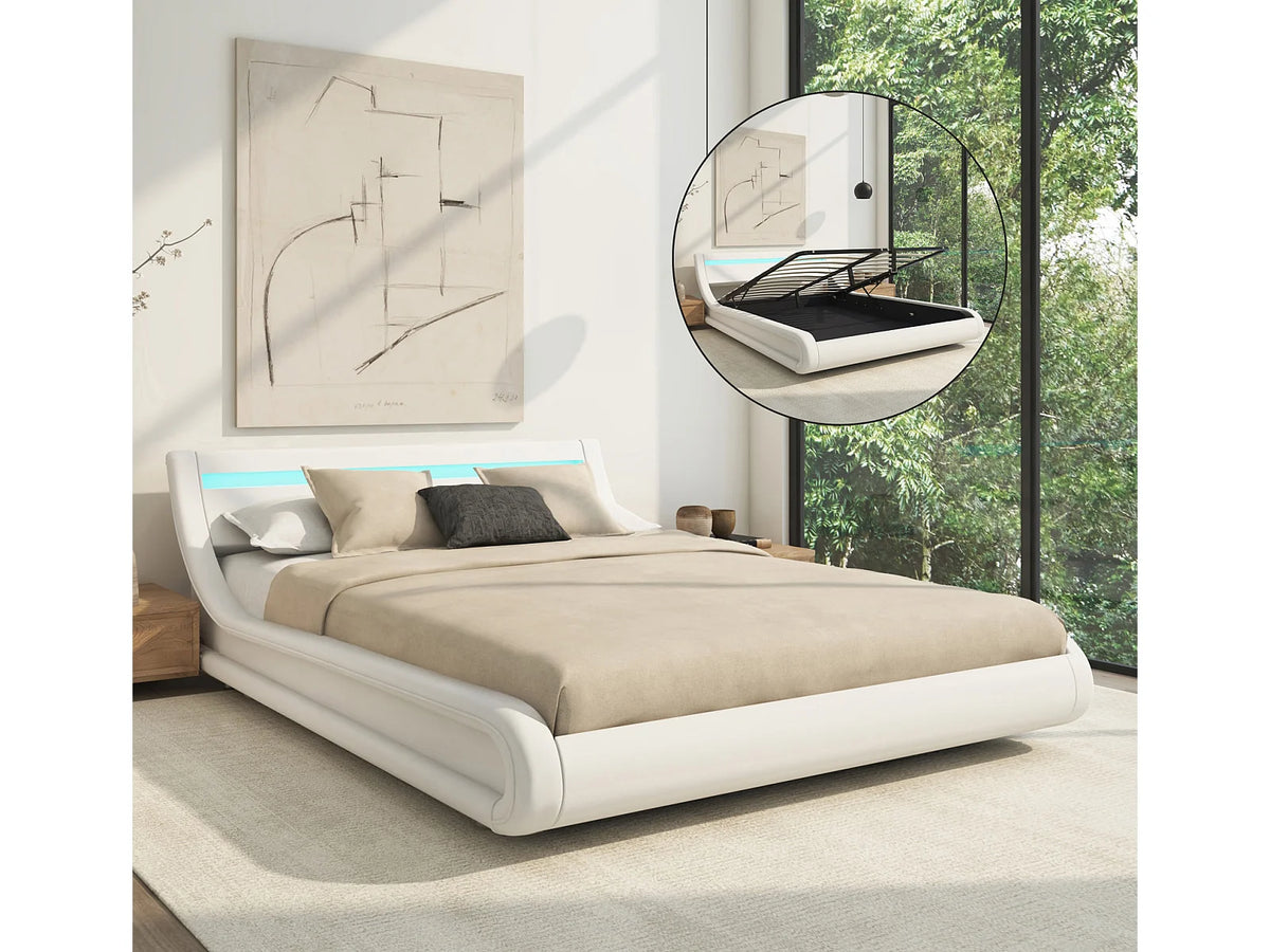 Lit Coffre 140x190 Bois Blanc avec LED