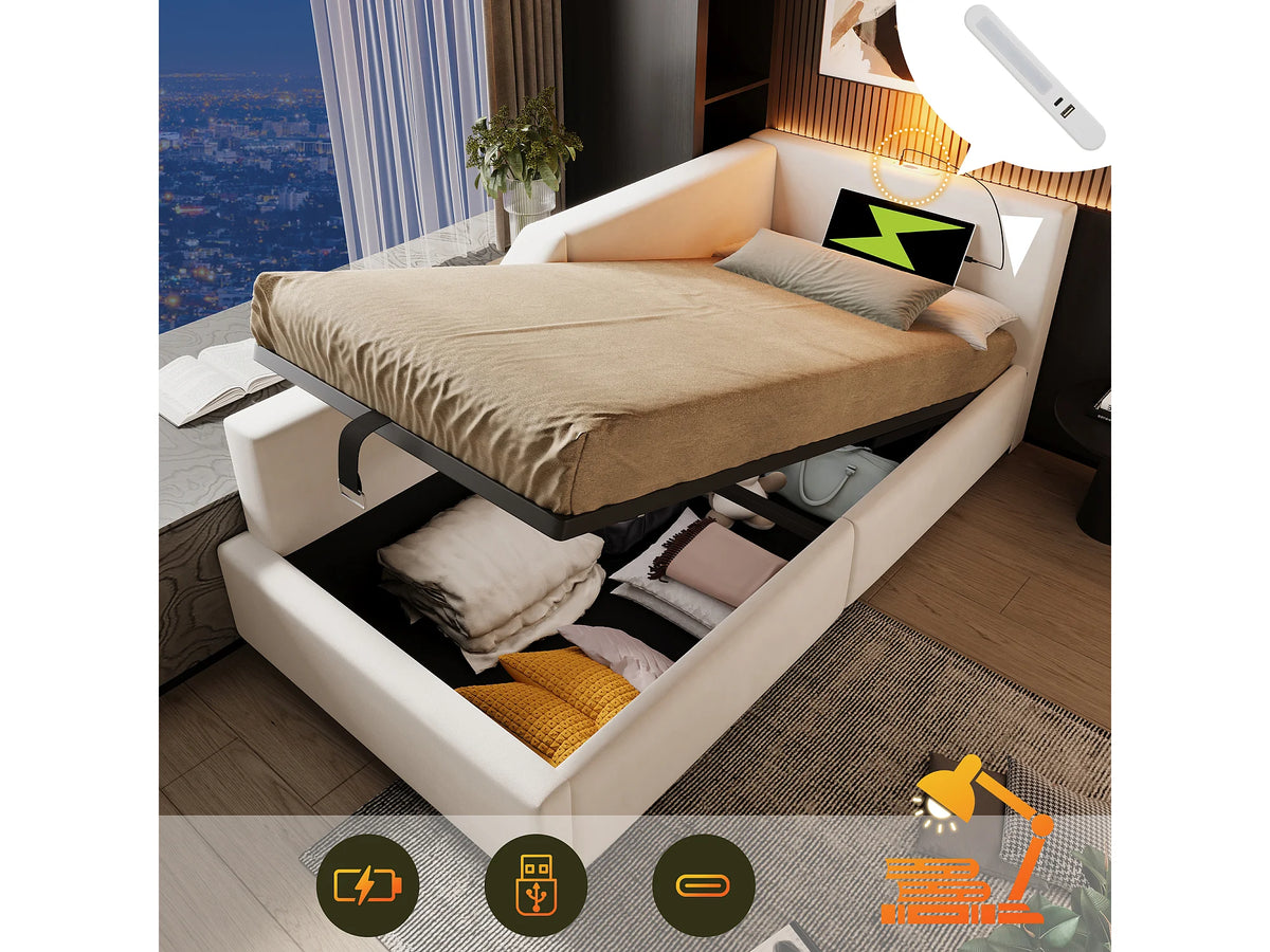 Lit Coffre 90x200 Velours Beige avec Port USB
