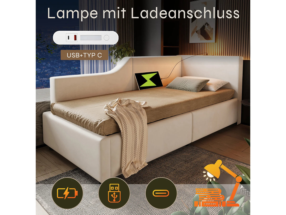 Lit Coffre 90x200 Velours Beige avec Port USB — vue 2
