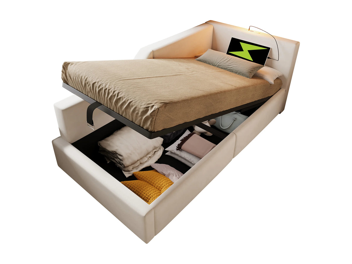 Lit Coffre 90x200 Velours Beige avec Port USB — vue 5
