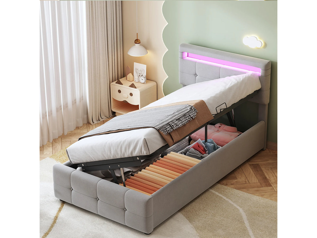 Lit Coffre 90x200 Velours Gris avec LED