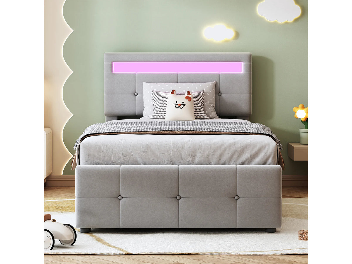 Lit Coffre 90x200 Velours Gris avec LED — vue 2