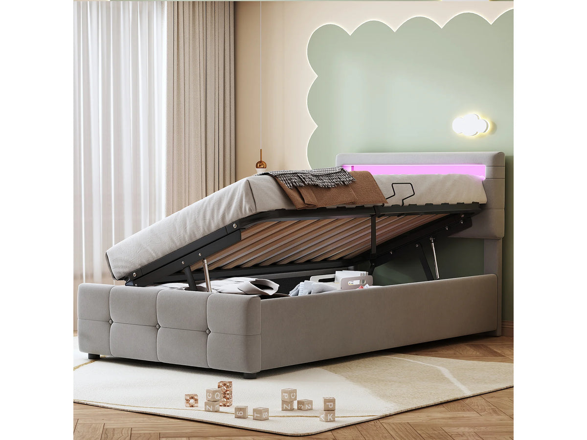 Lit Coffre 90x200 Velours Gris avec LED — vue 3