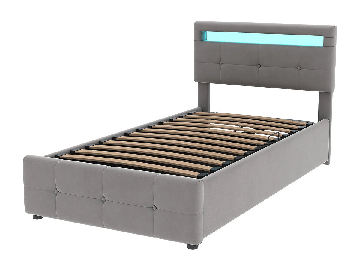 Lit Coffre 90x200 Velours Gris avec LED — vue 5