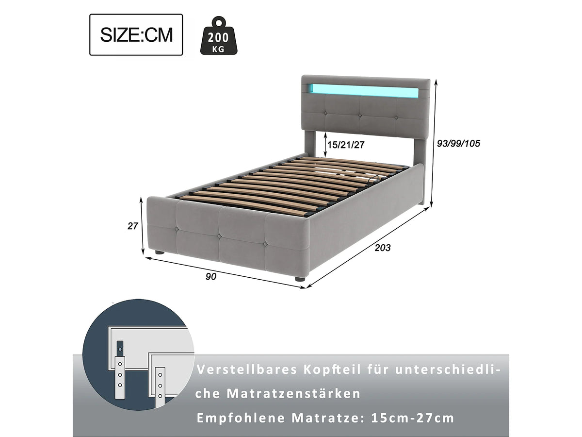 Lit Coffre 90x200 Velours Gris avec LED — vue 7
