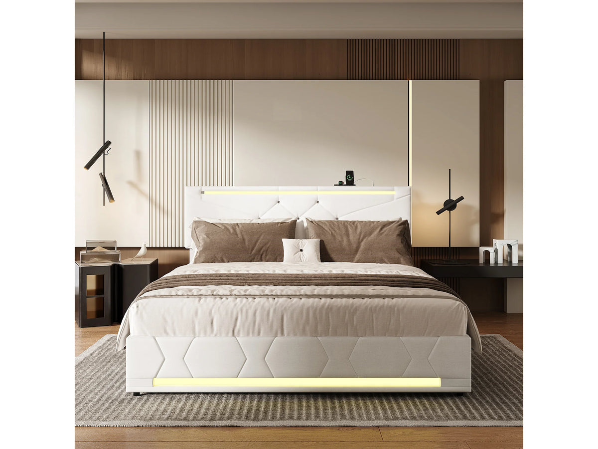 Lit Coffre 140x190 Tissu Lin Blanc cassé avec LED et Port USB