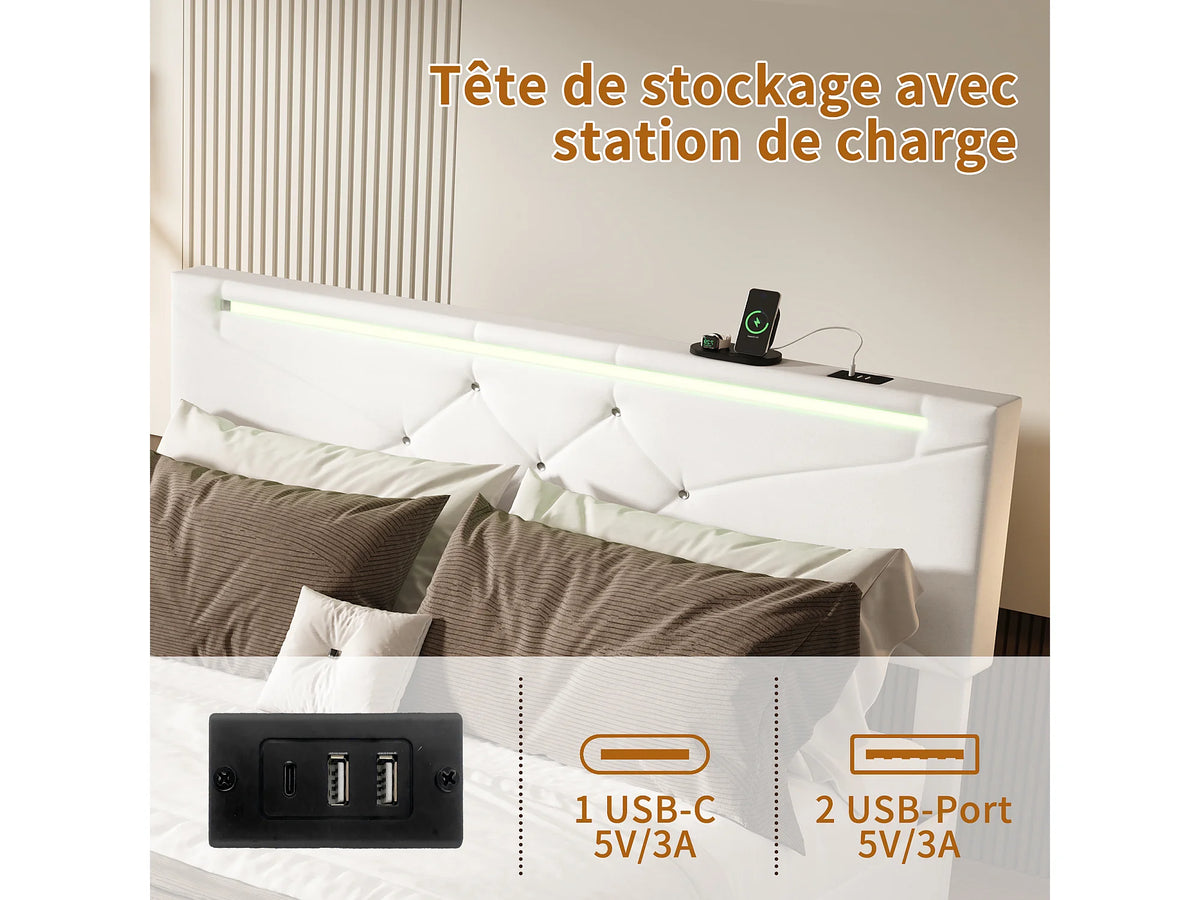Lit Coffre 140x190 Tissu Lin Blanc cassé avec LED et Port USB — vue 5