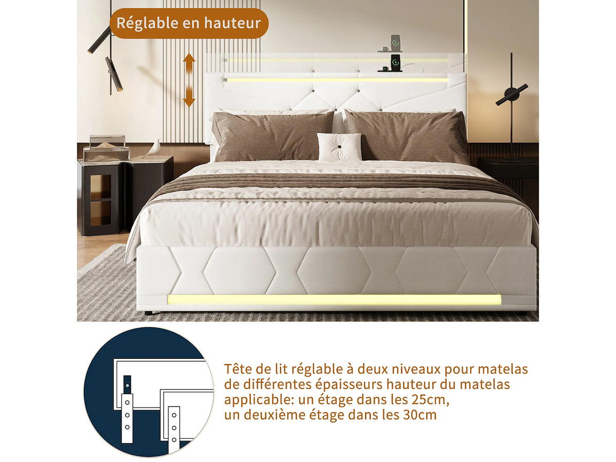 Lit Coffre 140x190 Tissu Lin Blanc cassé avec LED et Port USB — vue 6
