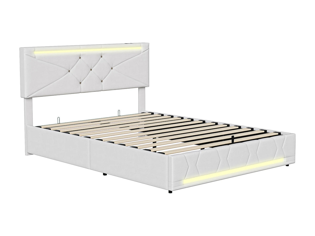 Lit Coffre 140x190 Tissu Lin Blanc cassé avec LED et Port USB — vue 4