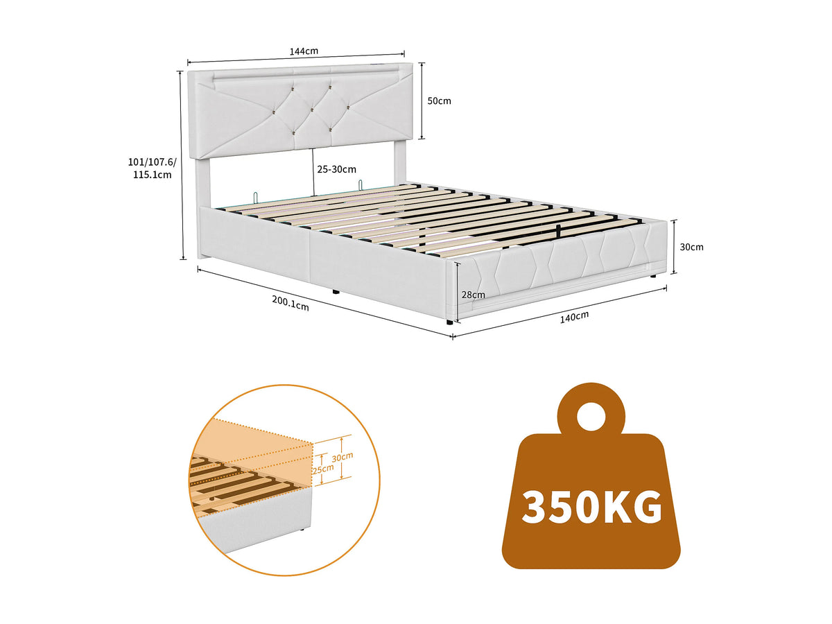 Lit Coffre 140x190 Tissu Lin Blanc cassé avec LED et Port USB — vue 7