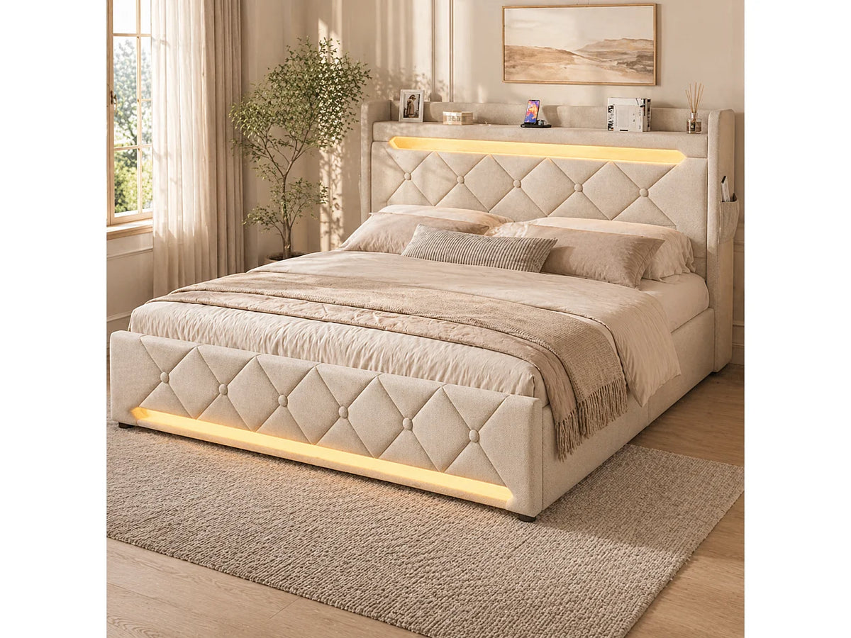 Lit Coffre 180x200 Tissu Lin Beige Capitonné avec Chevets, LED et Port USB
