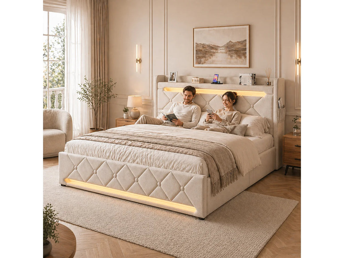 Lit Coffre 180x200 Tissu Lin Beige Capitonné avec Chevets, LED et Port USB — vue 2