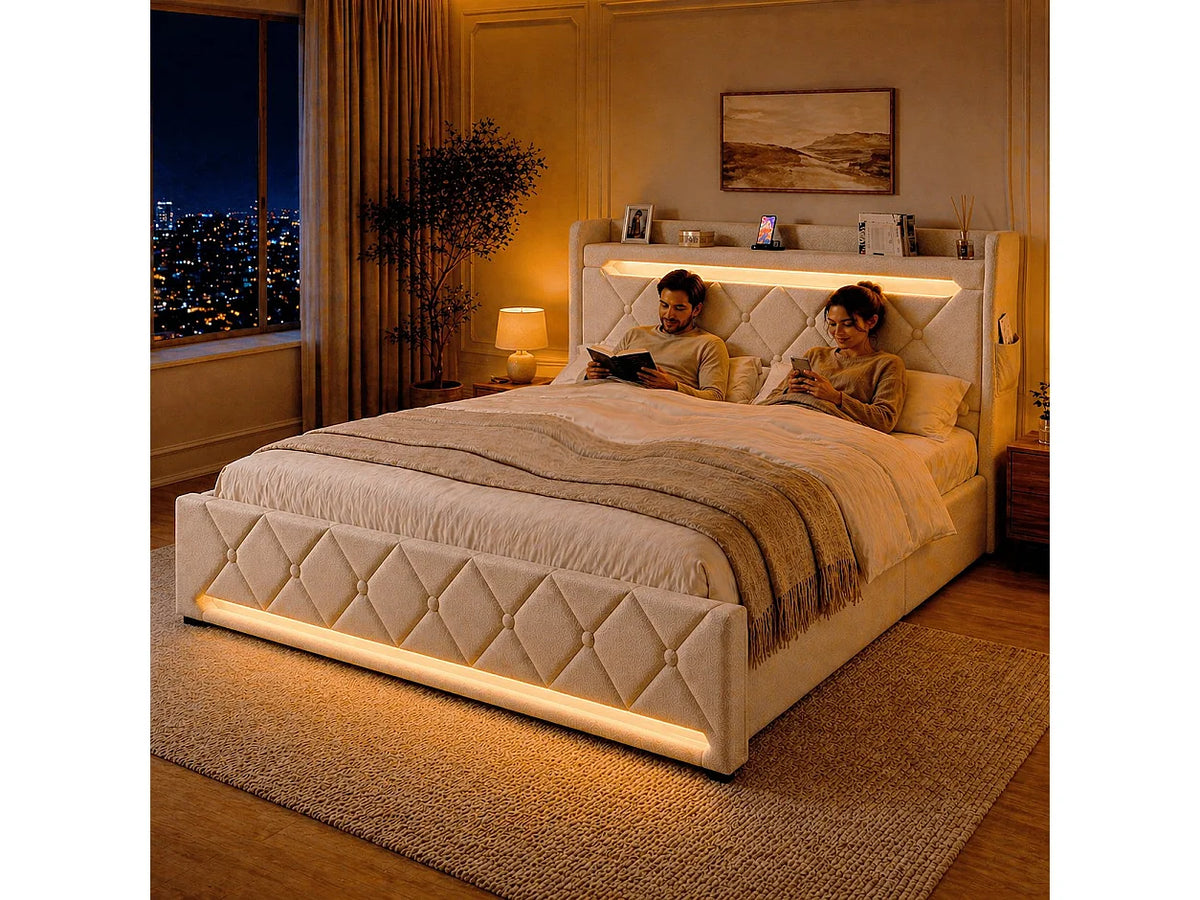 Lit Coffre 180x200 Tissu Lin Beige Capitonné avec Chevets, LED et Port USB — vue 3