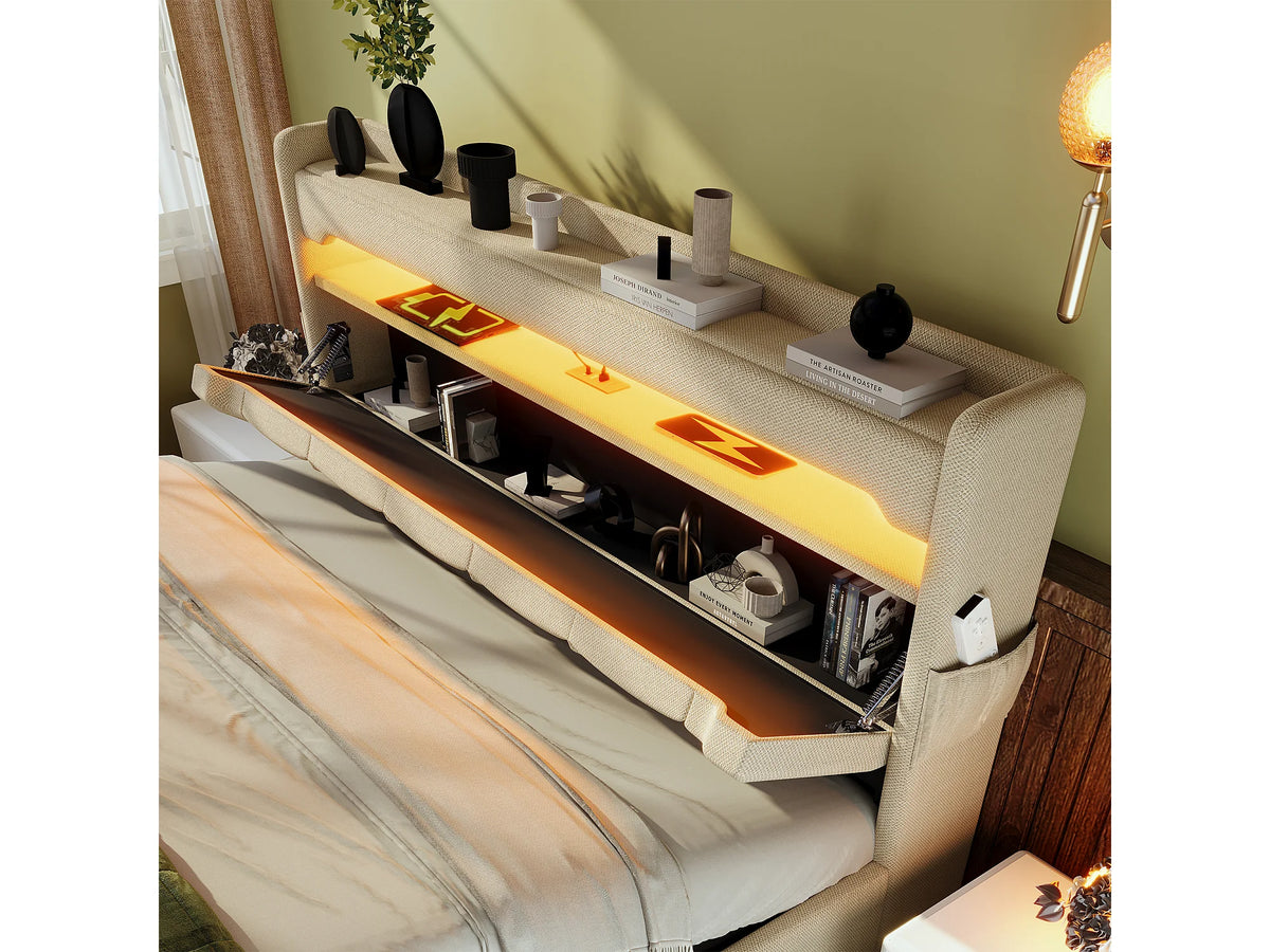 Lit Coffre 180x200 Tissu Lin Beige Capitonné avec Chevets, LED et Port USB — vue 10