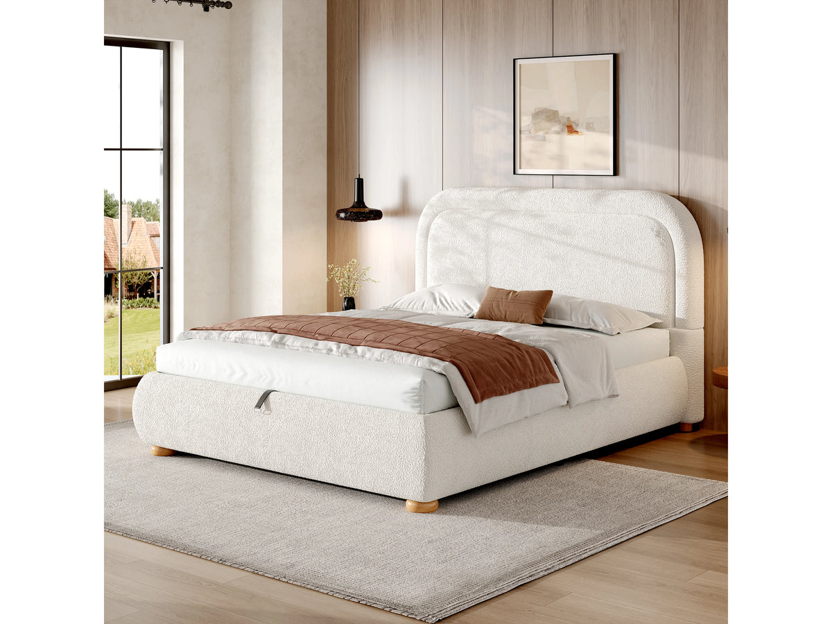 Lit Coffre 160x200 Tissu Bouclette Beige avec Chevets — vue 2