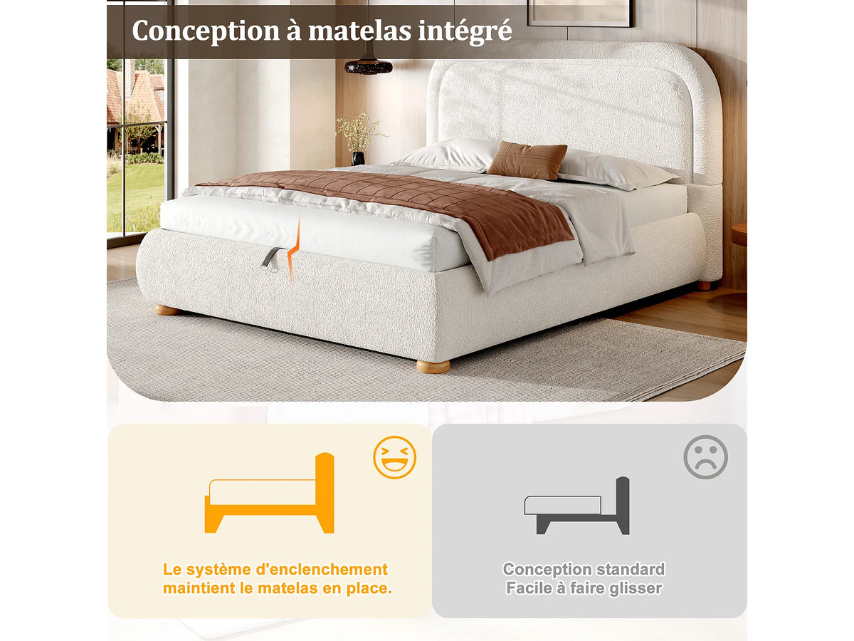 Lit Coffre 160x200 Tissu Bouclette Beige avec Chevets — vue 6