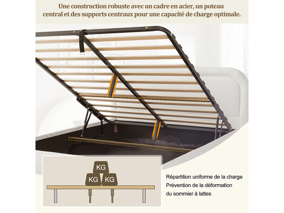 Lit Coffre 160x200 Tissu Bouclette Beige avec Chevets — vue 9