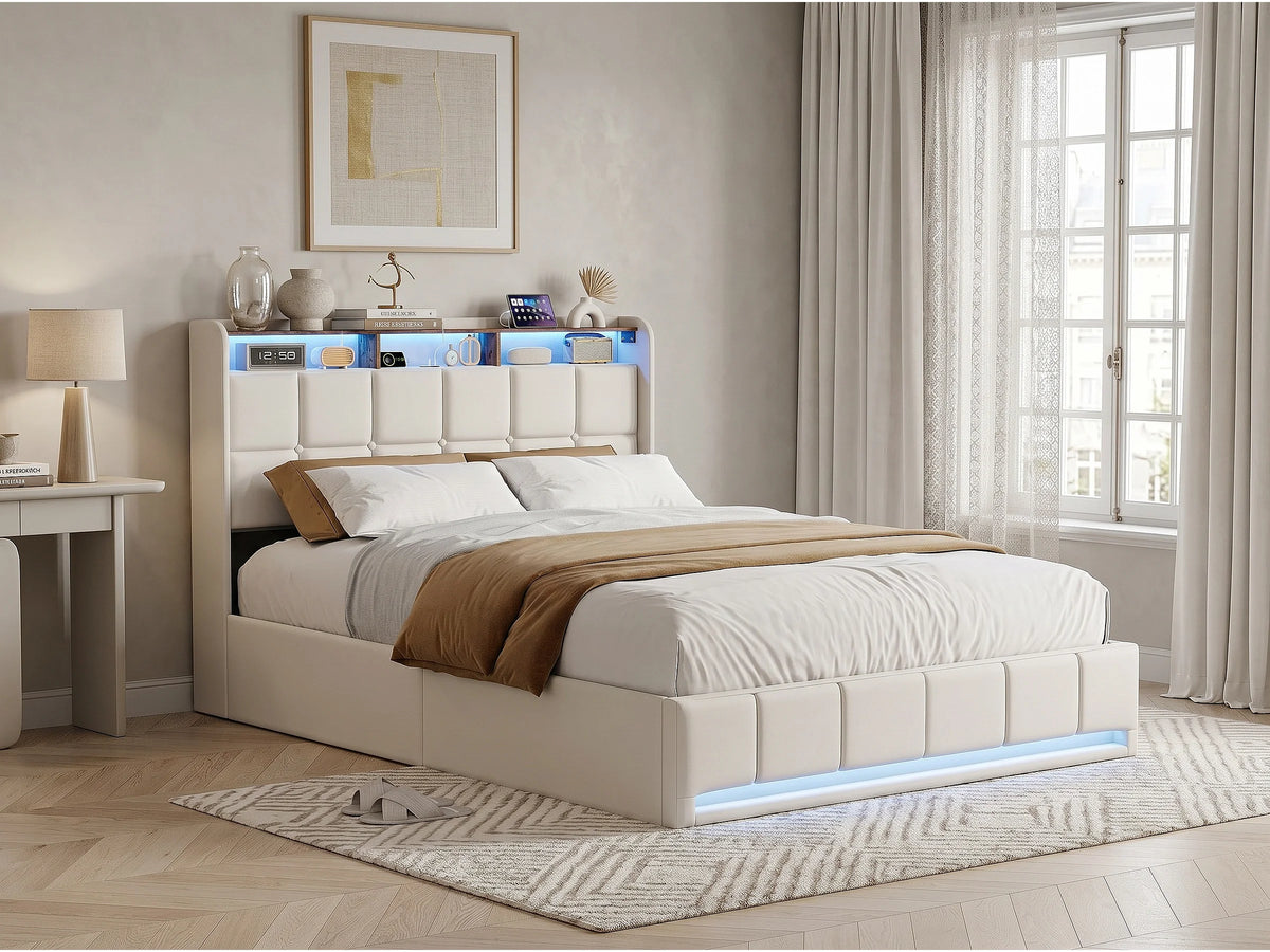 Lit Coffre 140x190 Bois Beige avec LED et Port USB — vue 2