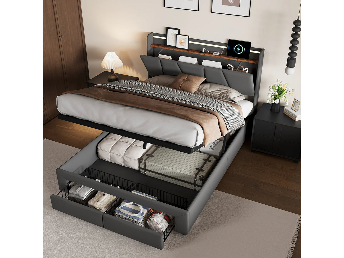 Lit Coffre 140x200 Tissu Lin Gris anthracite avec LED, Tiroirs et Port USB