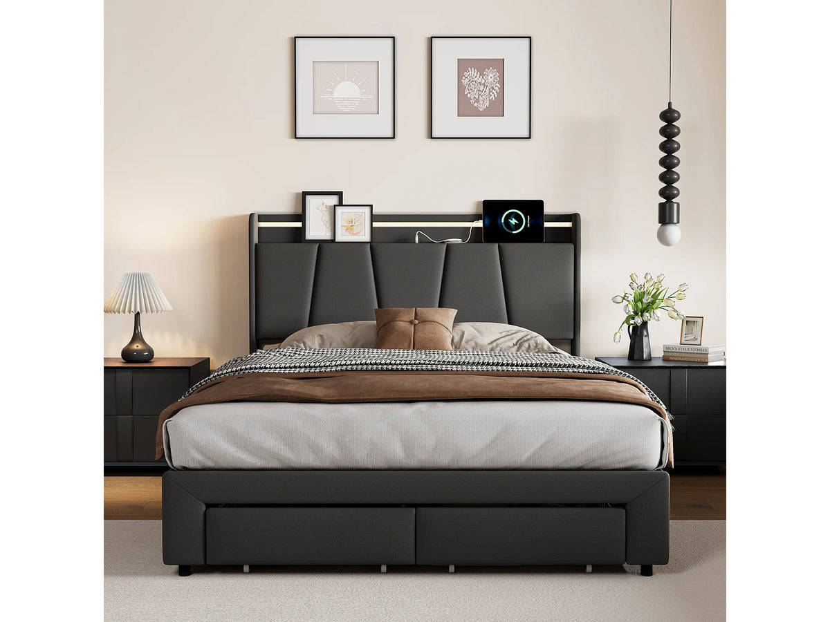 Lit Coffre 140x190 Bois Gris anthracite avec LED, Tiroirs et Port USB — vue 2