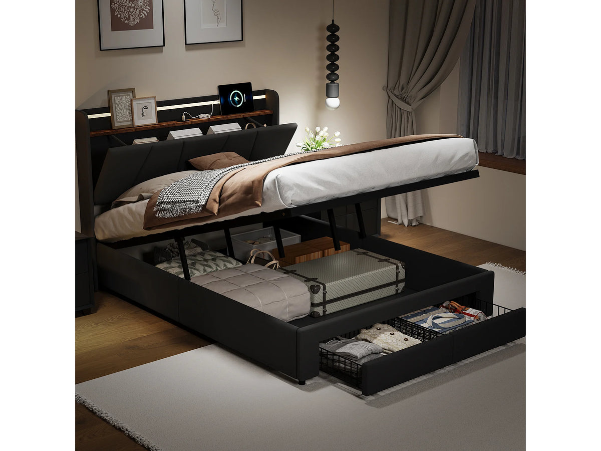 Lit Coffre 140x190 Bois Gris anthracite avec LED, Tiroirs et Port USB — vue 3