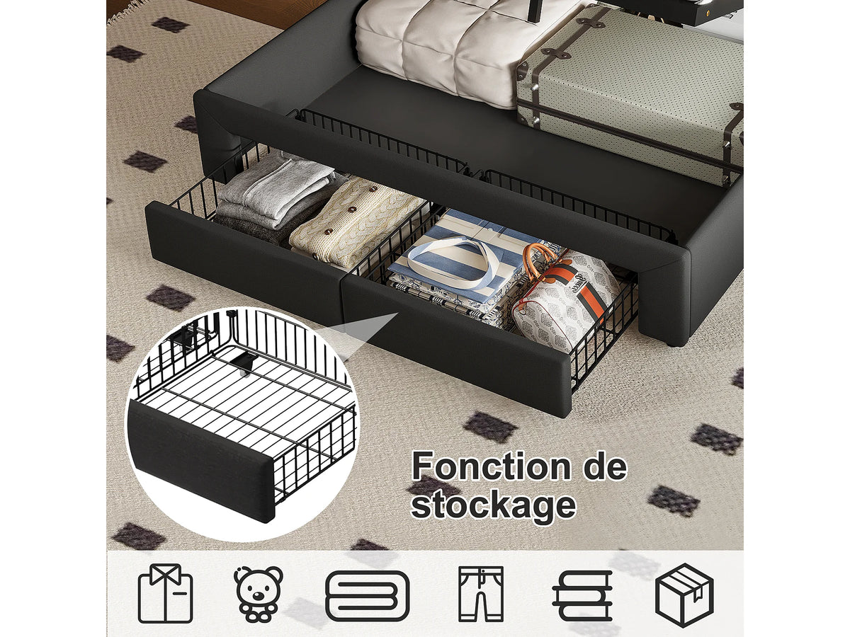 Lit Coffre 140x190 Bois Gris anthracite avec LED, Tiroirs et Port USB — vue 7