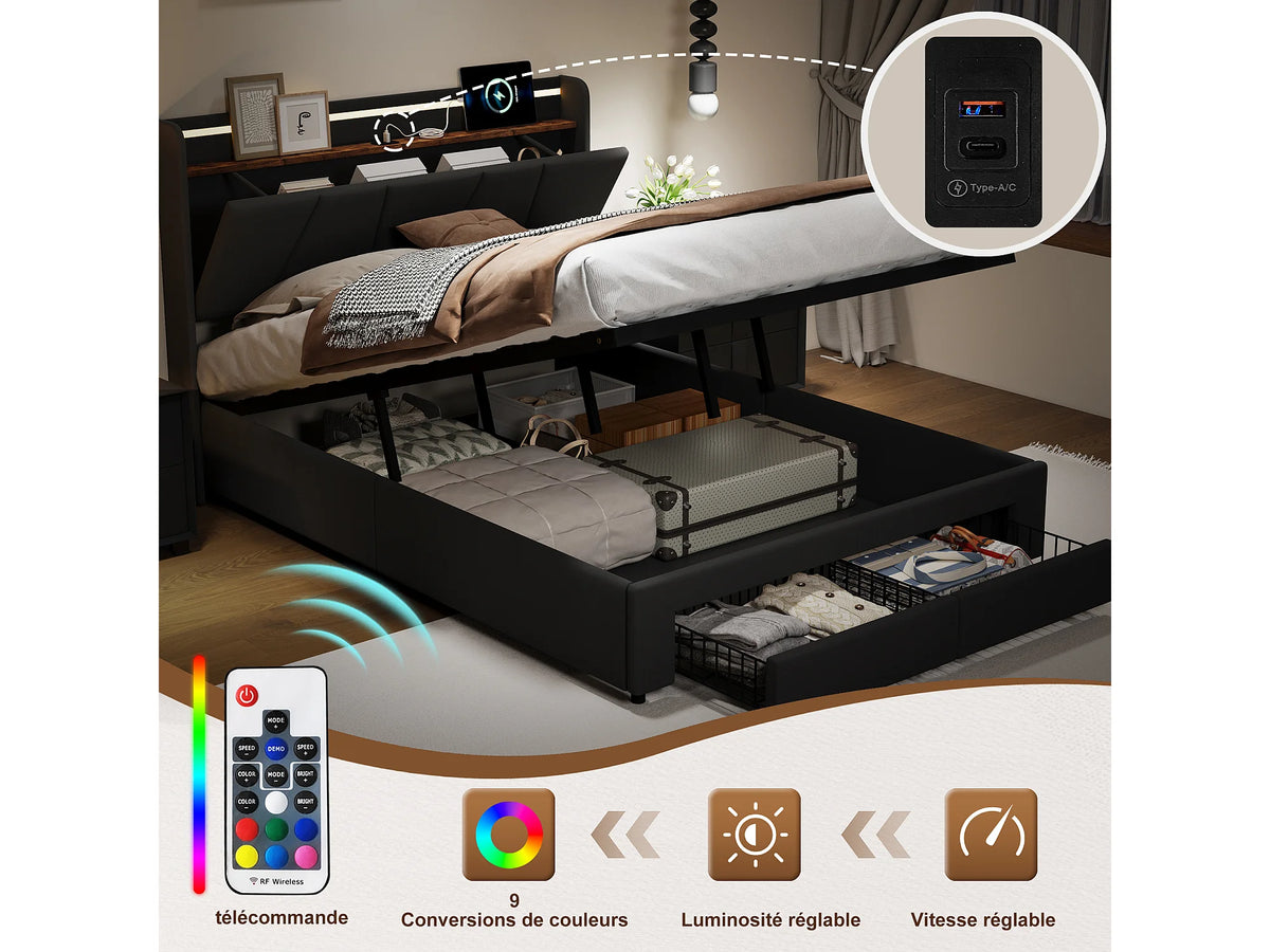 Lit Coffre 140x190 Bois Gris anthracite avec LED, Tiroirs et Port USB — vue 9