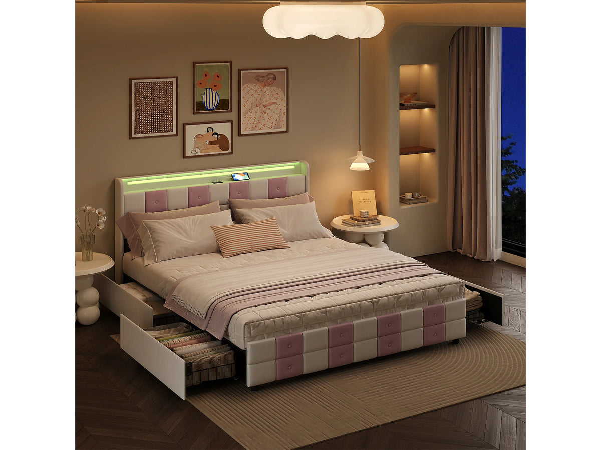 Lit Coffre 140x190 Velours Rose avec LED, Tiroirs et Port USB — vue 2