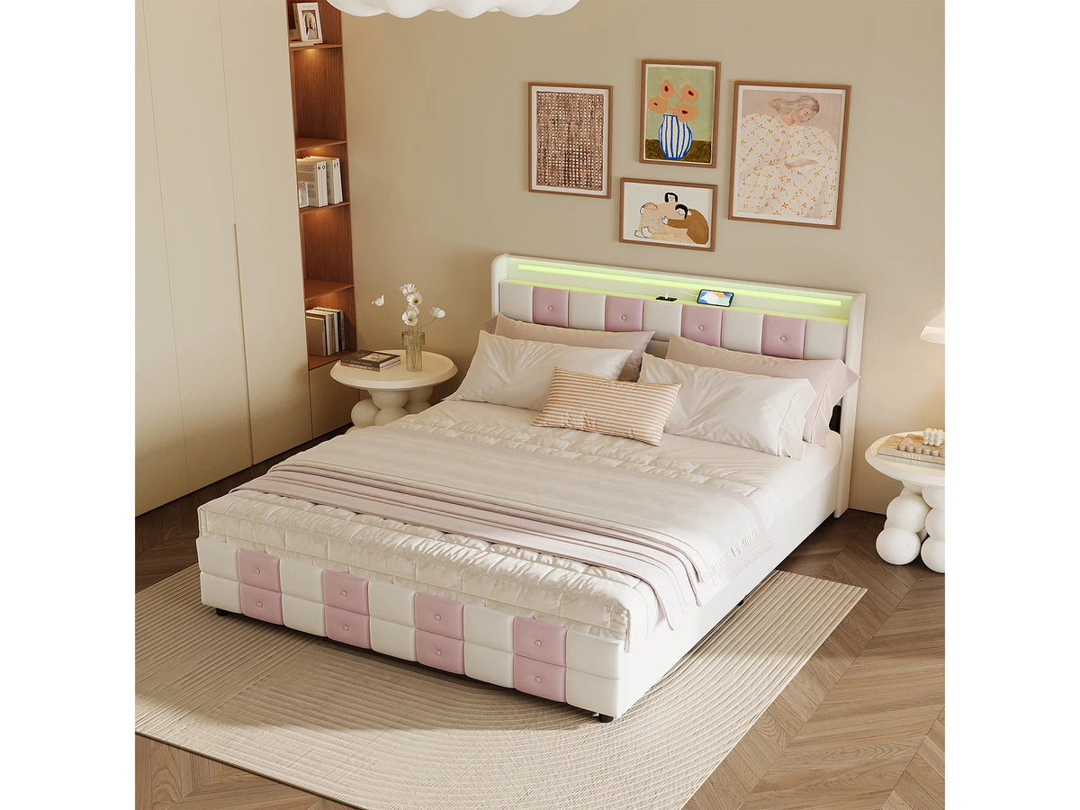 Lit Coffre 140x190 Velours Rose avec LED, Tiroirs et Port USB — vue 3