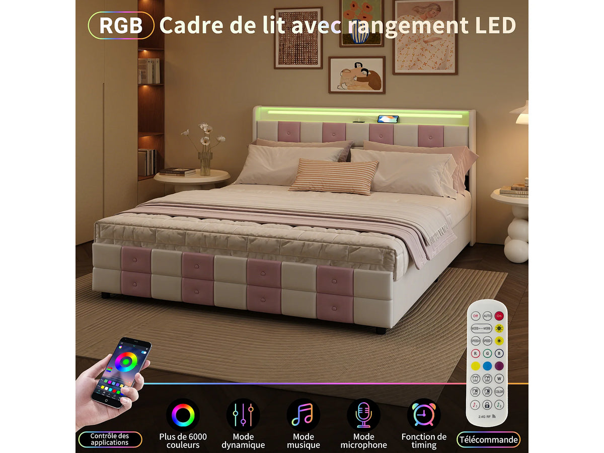 Lit Coffre 140x190 Velours Rose avec LED, Tiroirs et Port USB — vue 6