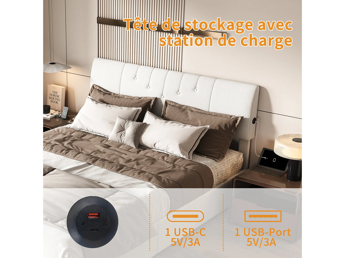 Lit Coffre 140x190 Bois Blanc avec Port USB — vue 7