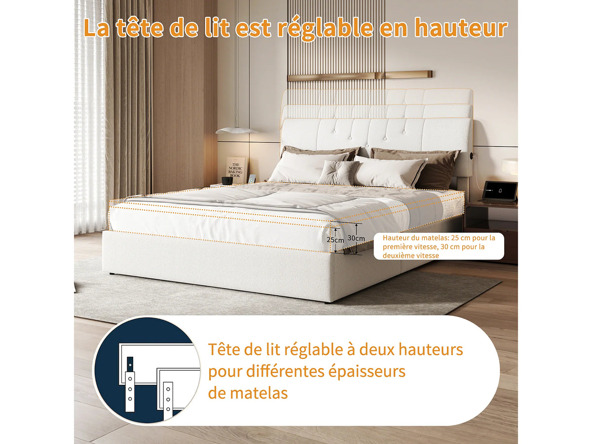 Lit Coffre 140x190 Bois Blanc avec Port USB — vue 8