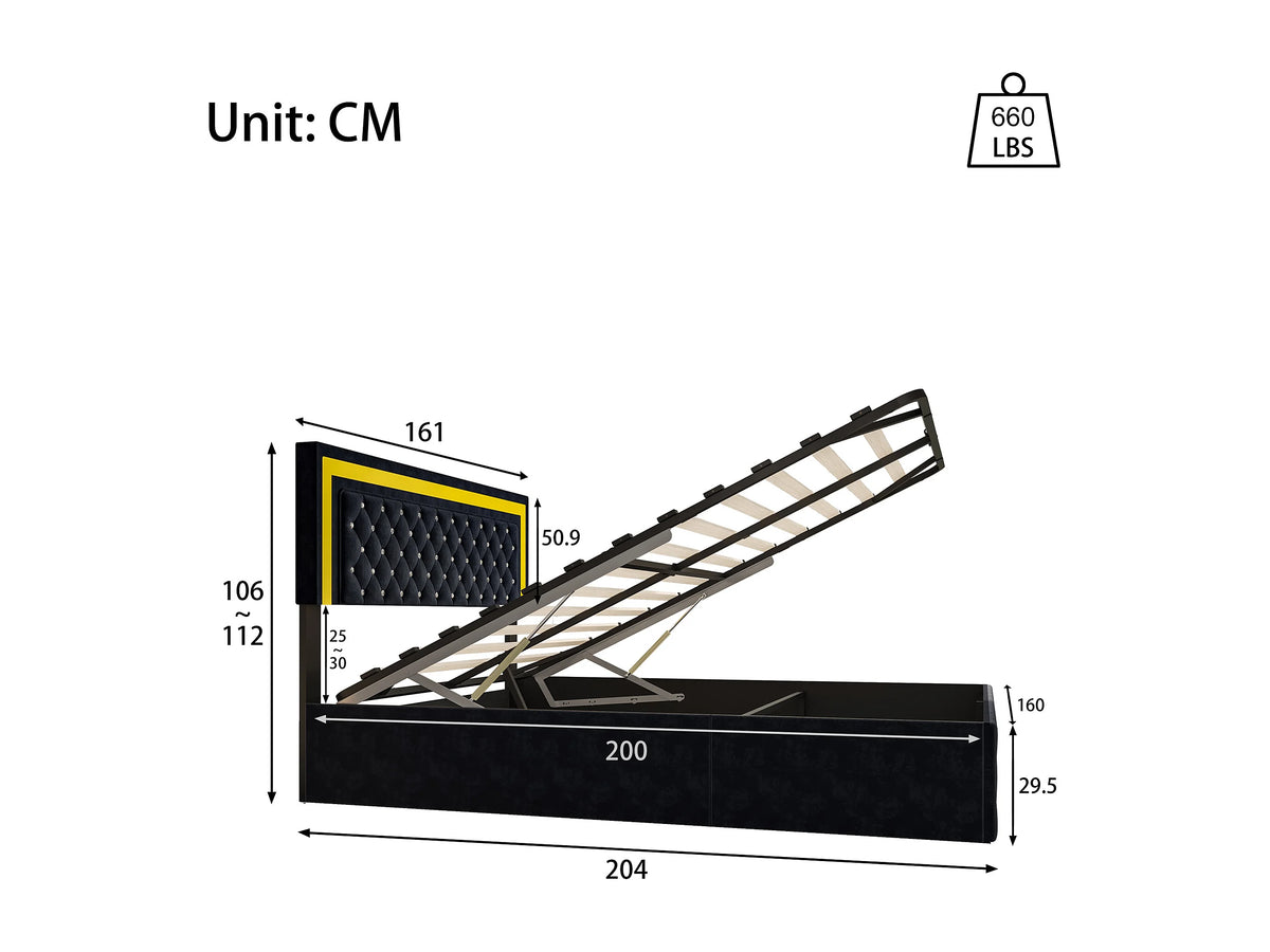 Lit Coffre 160x200 Velours Noir avec LED — vue 3