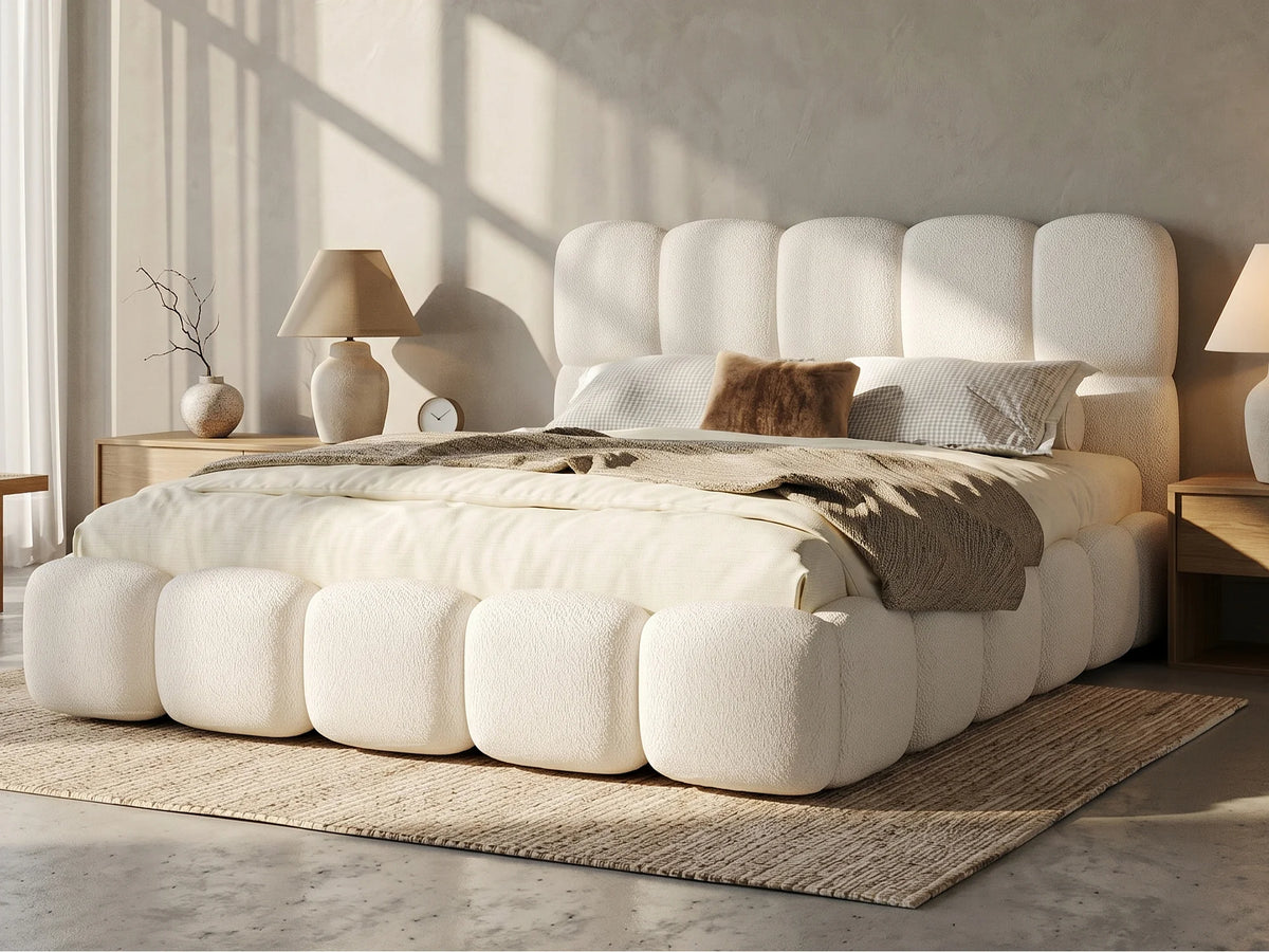 Lit Coffre 160x200 Tissu Bouclette Blanc Capitonné