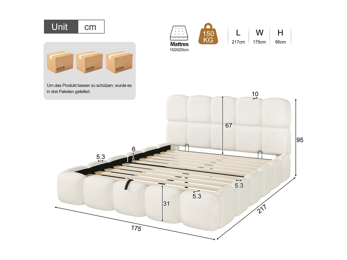 Lit Coffre 160x200 Tissu Bouclette Blanc Capitonné — vue 8