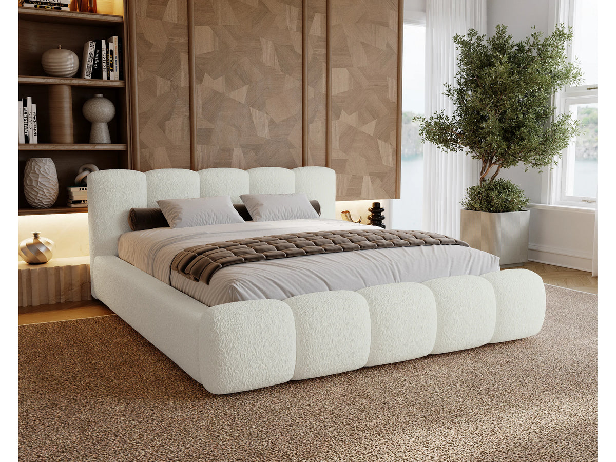 Lit Coffre 200x200 Tissu Bouclette Blanc