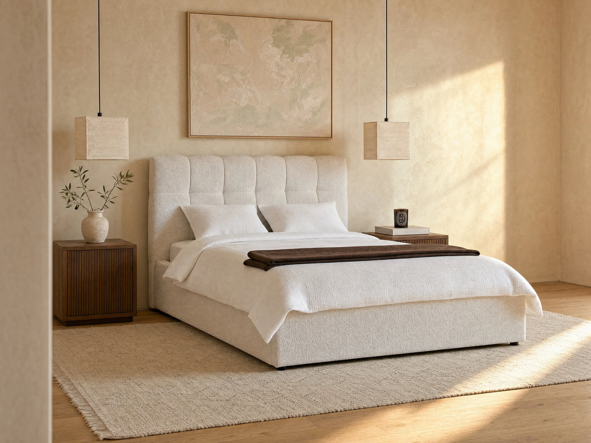 Lit Coffre 160x200 Tissu Bouclette Blanc - MAZIRI