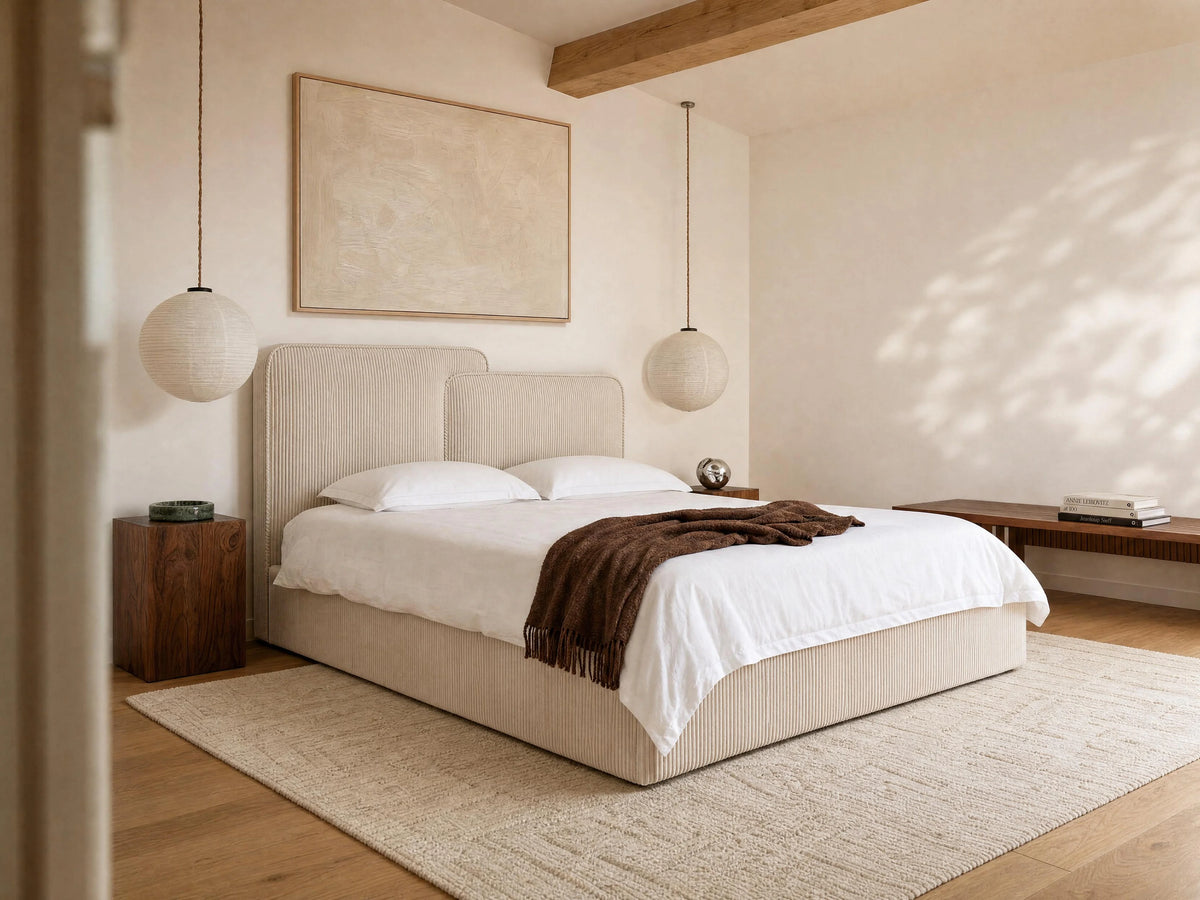 Lit Coffre 180x200 Velours Côtelé Beige - NAYOLA