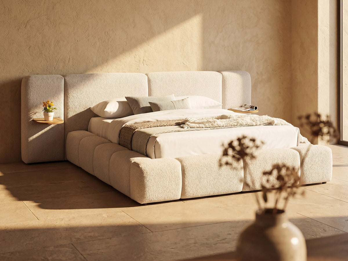 Lit Coffre 160x200 Tissu Bouclette Beige avec Chevets - VILACO