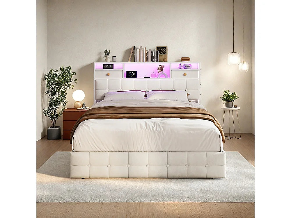 Lit Coffre 140x200 Velours Beige avec LED, Tiroirs et Port USB