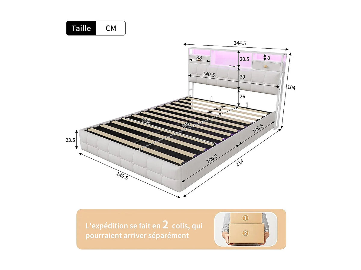 Lit Coffre 140x200 Velours Beige avec LED, Tiroirs et Port USB — vue 10