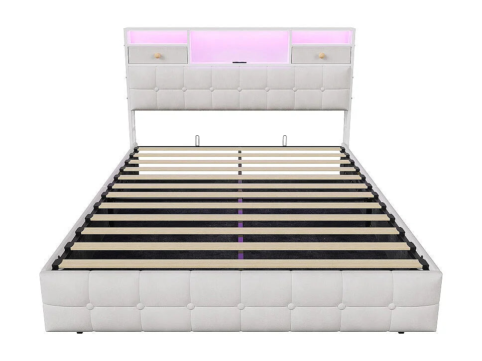 Lit Coffre 140x200 Velours Beige avec LED, Tiroirs et Port USB — vue 6